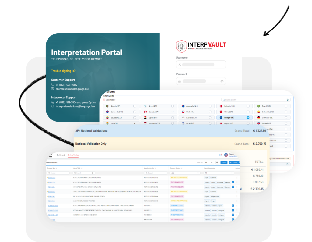Screenshots of InterpVault online interpretation management system