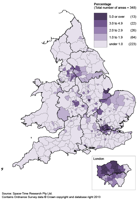 Map 2: English not spoken well and not at all by local or unitary authority, 2011